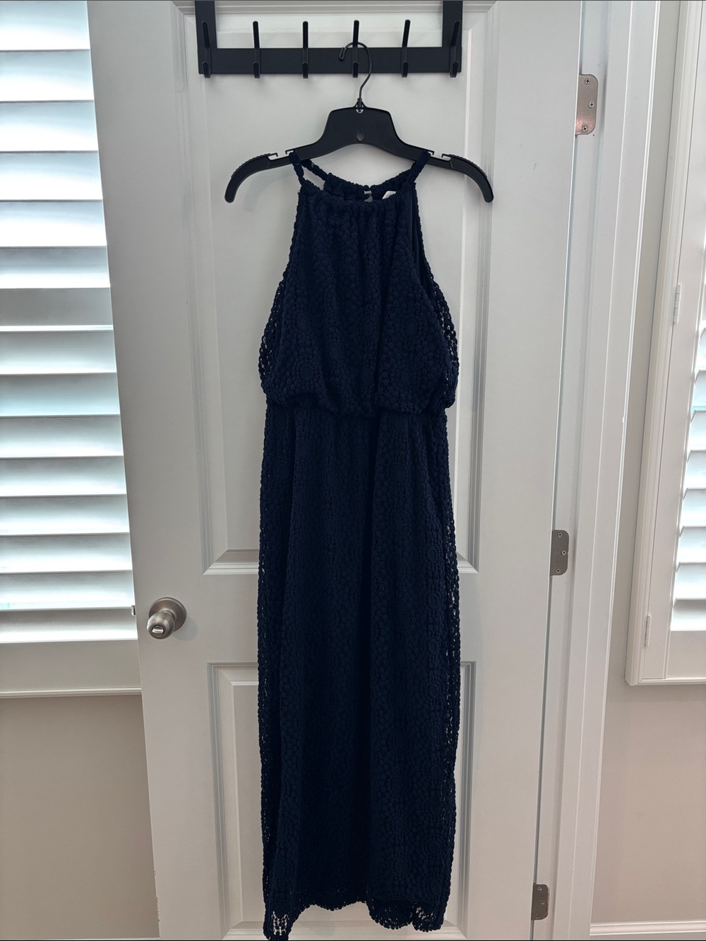 New York & Company Navy Lace Halter-Style Maxi Dress